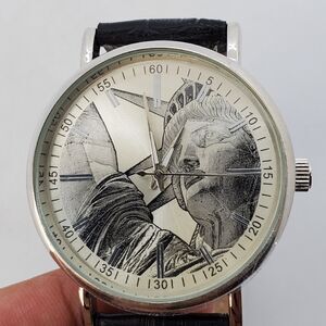 40MM Gray Tone‎ Case Lady Liberty Unisex Watch Black Leather Bands New Battery